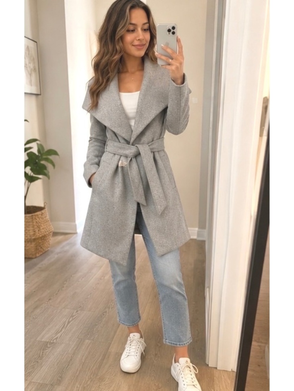 Forever 21 Gray Belted Wrap Coat Size M Draped Collar Wool Blend #elegant #work
